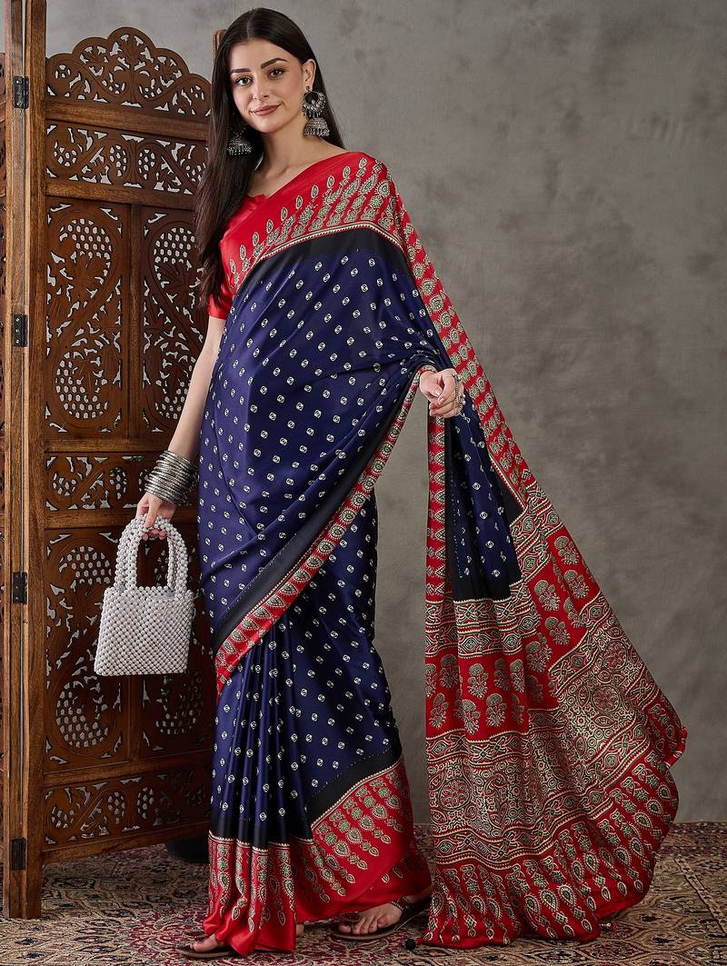 Blue color ready to wear semi modal saree with unstitched designer blouse