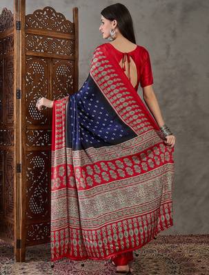 Blue color Pre Stitched semi modal saree with unstitched designer blouse 2