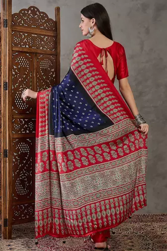 Blue color Pre Stitched semi modal saree with unstitched designer blouse