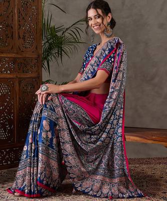 Pink color Pre Stitched semi modal saree with unstitched designer blouse 3