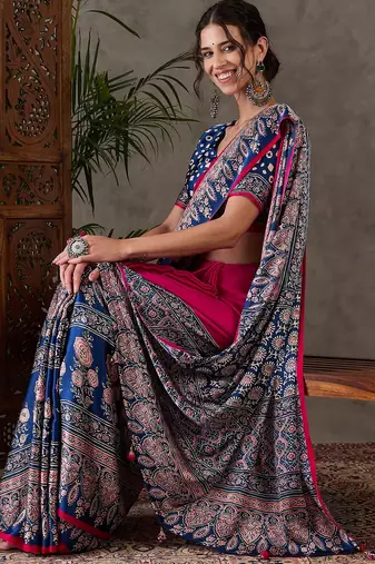 Pink color Pre Stitched semi modal saree with unstitched designer blouse