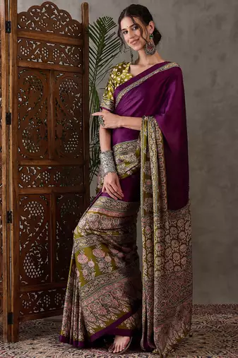 Wine color Pre Stitched semi modal saree with unstitched designer blouse