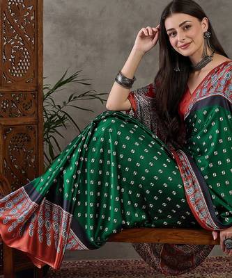 Green color Pre Pleated semi modal saree with unstitched designer blouse 3