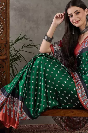Green color Pre Pleated semi modal saree with unstitched designer blouse
