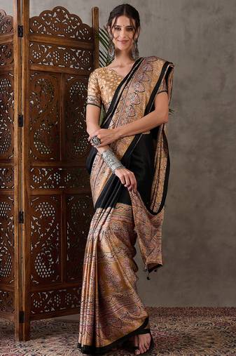 Light brown color ready to wear semi modal saree with unstitched designer blouse