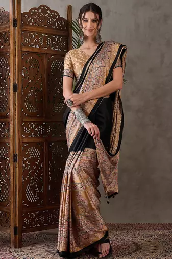 Light brown color ready to wear semi modal saree with unstitched designer blouse
