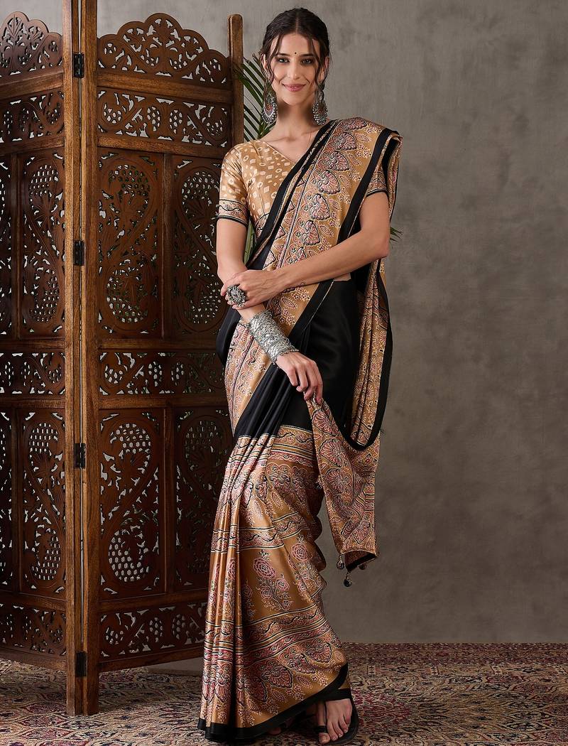Light brown color ready to wear semi modal saree with unstitched designer blouse