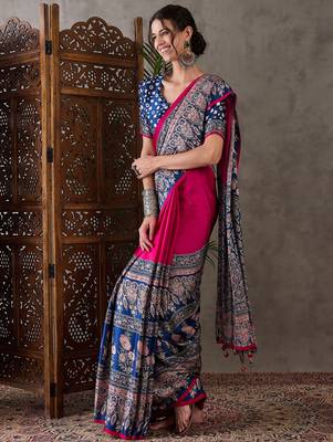 Pink color Pre Stitched semi modal saree with unstitched designer blouse 4
