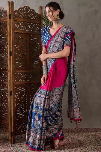Pink color Pre Stitched semi modal saree with unstitched designer blouse