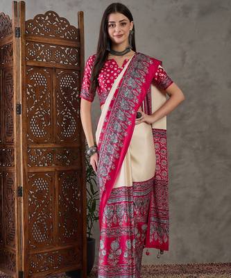 Cream color Pre Stitched semi modal saree with unstitched designer blouse 1