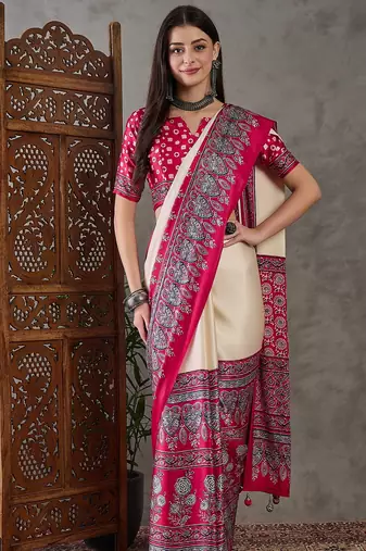 Cream color ready to wear semi modal saree with unstitched designer blouse