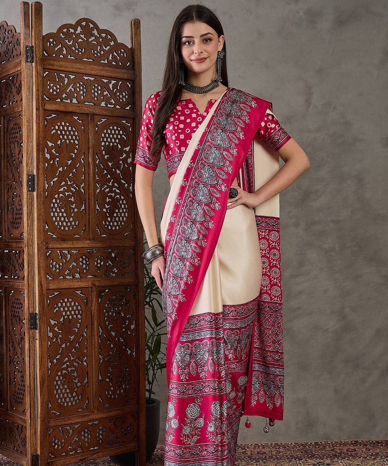 Cream color ready to wear semi modal saree with unstitched designer blouse