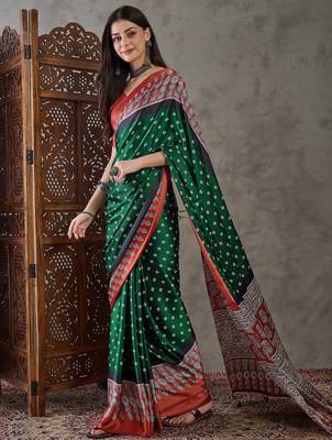 Green color Pre Pleated semi modal saree with unstitched designer blouse 4