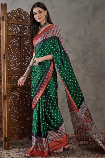 Green color Pre Pleated semi modal saree with unstitched designer blouse