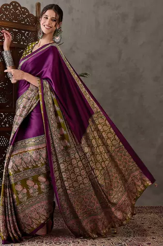 Wine color Pre Stitched semi modal saree with unstitched designer blouse