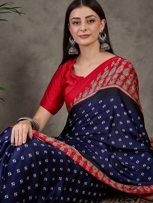 Blue color Pre Stitched semi modal saree with unstitched designer blouse 4