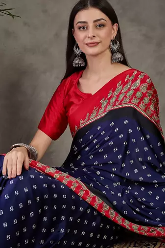 Blue color Pre Stitched semi modal saree with unstitched designer blouse