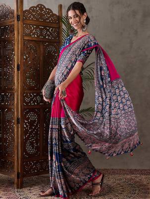 Pink color Pre Stitched semi modal saree with unstitched designer blouse 5