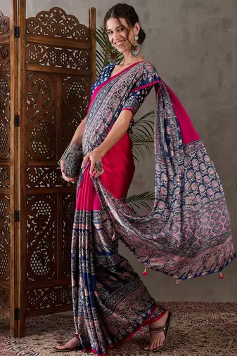 Pink color Pre Stitched semi modal saree with unstitched designer blouse