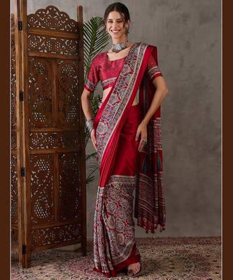 Red color Pre Stitched semi modal saree with unstitched designer blouse 1