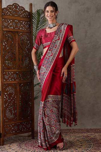 Red color ready to wear semi modal saree with unstitched designer blouse