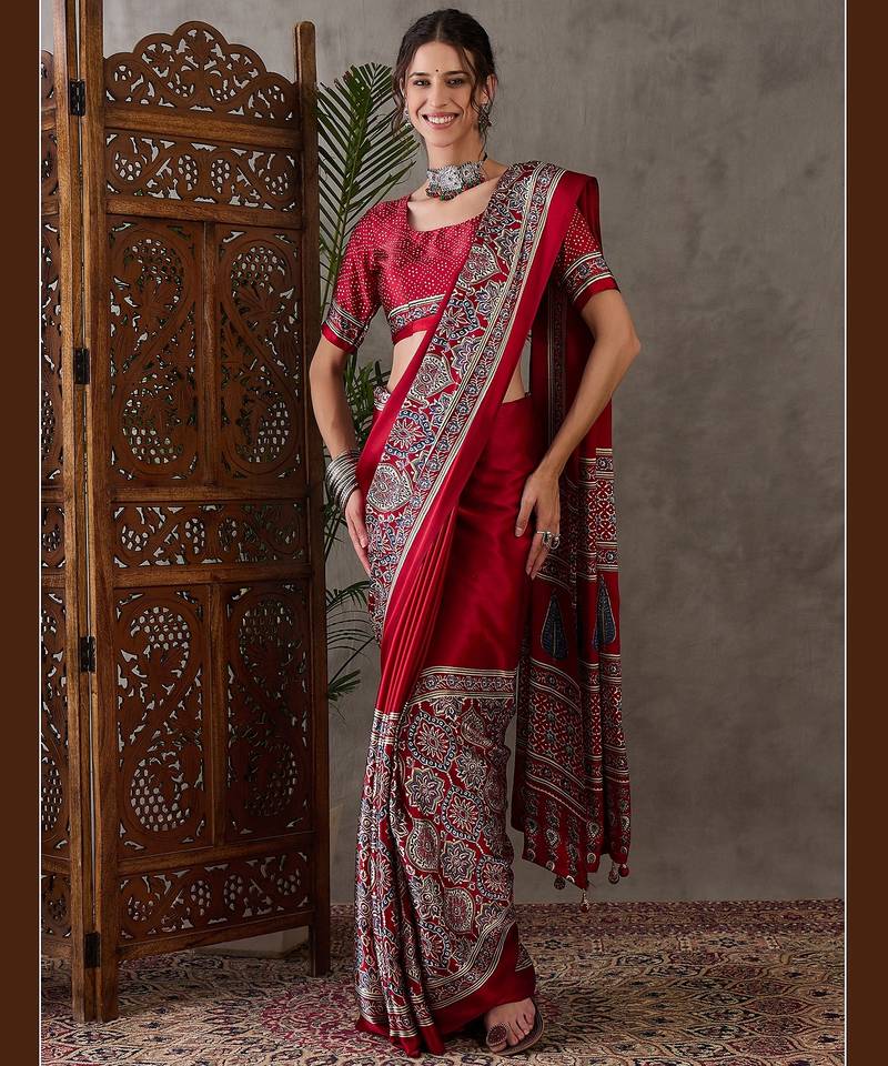 Red color ready to wear semi modal saree with unstitched designer blouse