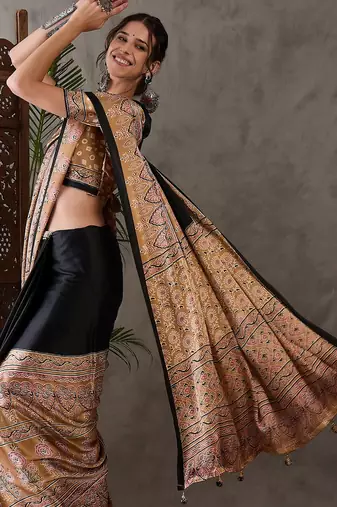 Light brown color Pre Stitched semi modal saree with unstitched designer blouse