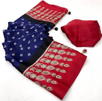 Blue color Pre Stitched semi modal saree with unstitched designer blouse 5