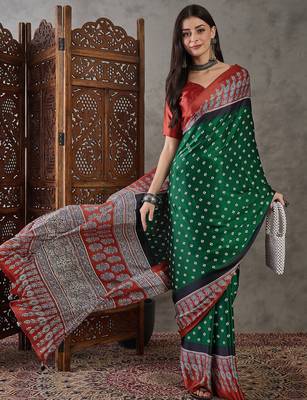 Green color Pre Pleated semi modal saree with unstitched designer blouse 5