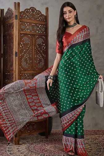 Green color Pre Pleated semi modal saree with unstitched designer blouse