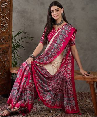 Cream color Pre Stitched semi modal saree with unstitched designer blouse 3