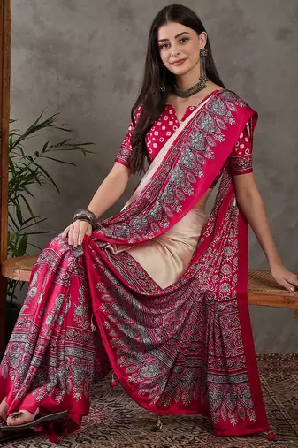Cream color Pre Stitched semi modal saree with unstitched designer blouse