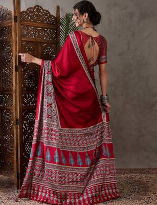 Red color Pre Stitched semi modal saree with unstitched designer blouse 2
