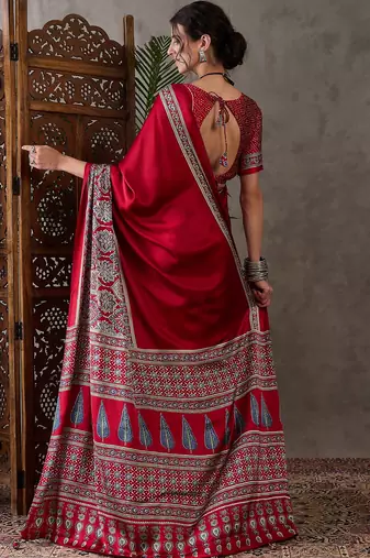Red color Pre Stitched semi modal saree with unstitched designer blouse