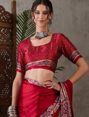 Red color Pre Stitched semi modal saree with unstitched designer blouse 3