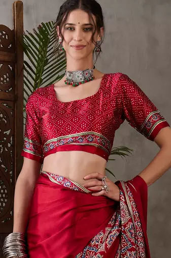 Red color Pre Stitched semi modal saree with unstitched designer blouse