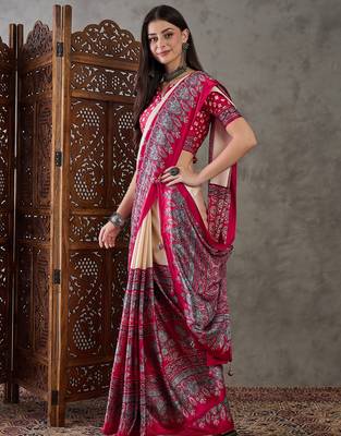 Cream color Pre Stitched semi modal saree with unstitched designer blouse 4