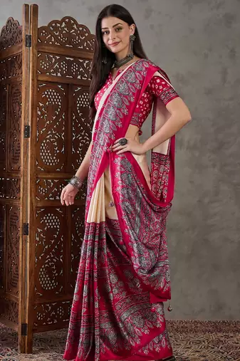 Cream color Pre Stitched semi modal saree with unstitched designer blouse