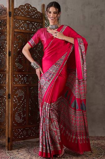 Pink color ready to wear semi modal saree with unstitched designer blouse