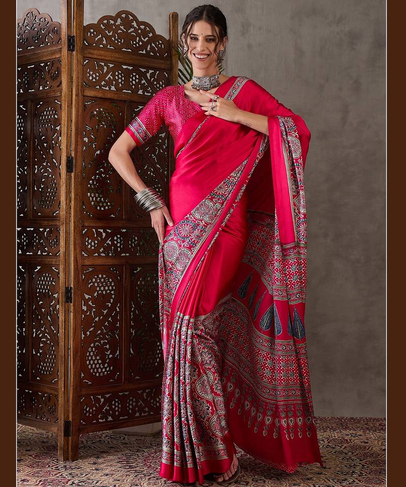 Pink color ready to wear semi modal saree with unstitched designer blouse