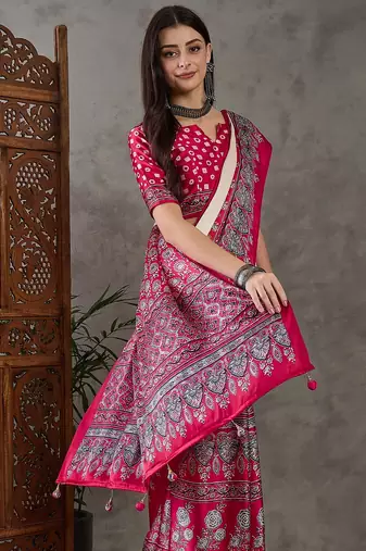 Cream color Pre Stitched semi modal saree with unstitched designer blouse