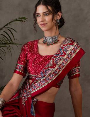 Red color Pre Stitched semi modal saree with unstitched designer blouse 4