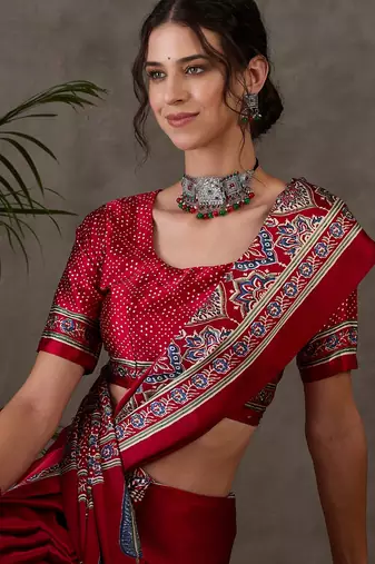Red color Pre Stitched semi modal saree with unstitched designer blouse