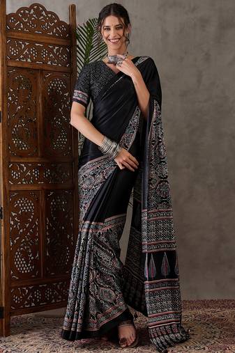Black color ready to wear semi modal saree with unstitched designer blouse