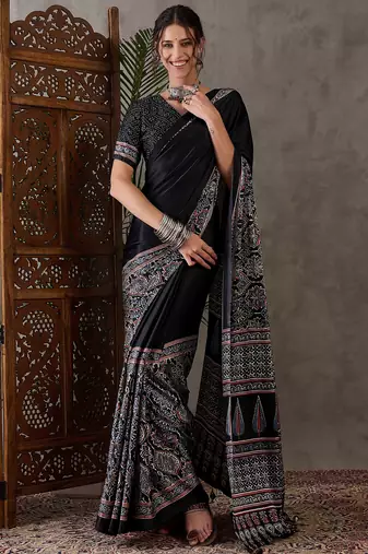 Black color ready to wear semi modal saree with unstitched designer blouse