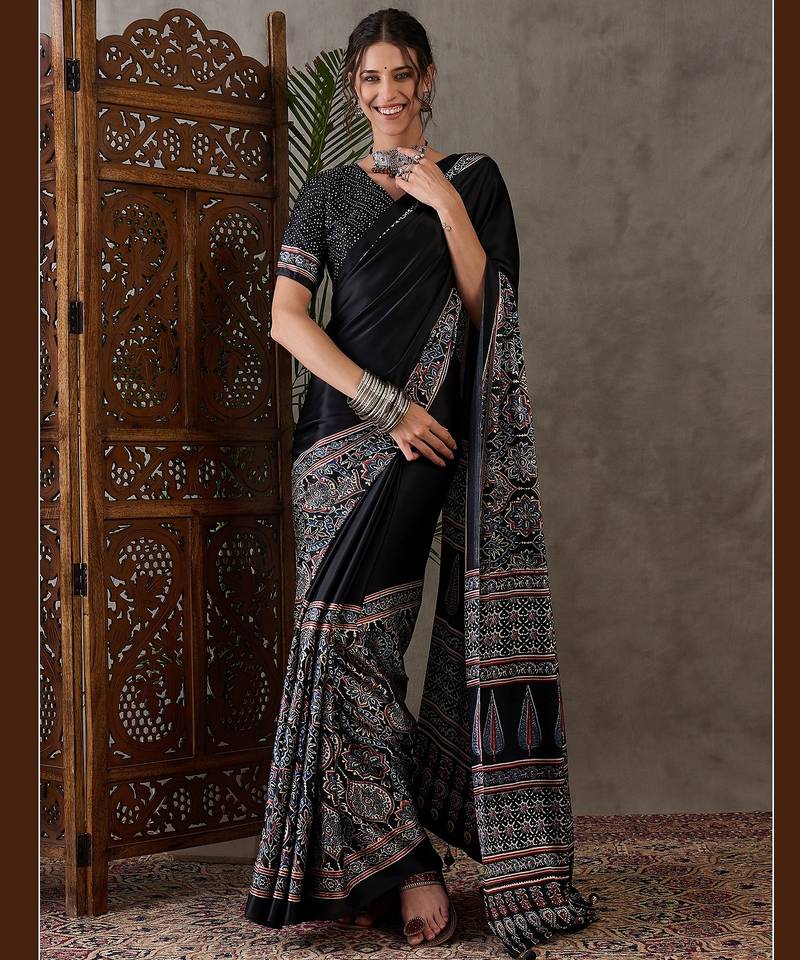 Black color ready to wear semi modal saree with unstitched designer blouse