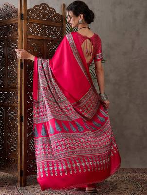Pink color Pre Stitched semi modal saree with unstitched designer blouse 3