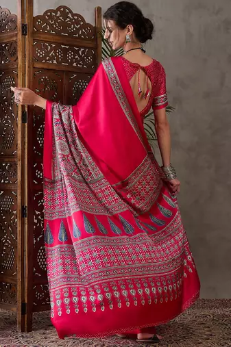 Pink color Pre Stitched semi modal saree with unstitched designer blouse