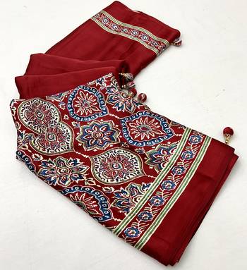 Red color Pre Stitched semi modal saree with unstitched designer blouse 5
