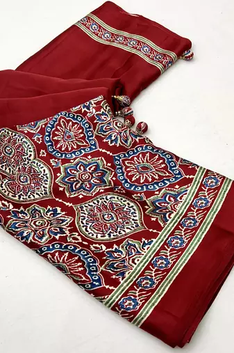 Red color Pre Stitched semi modal saree with unstitched designer blouse